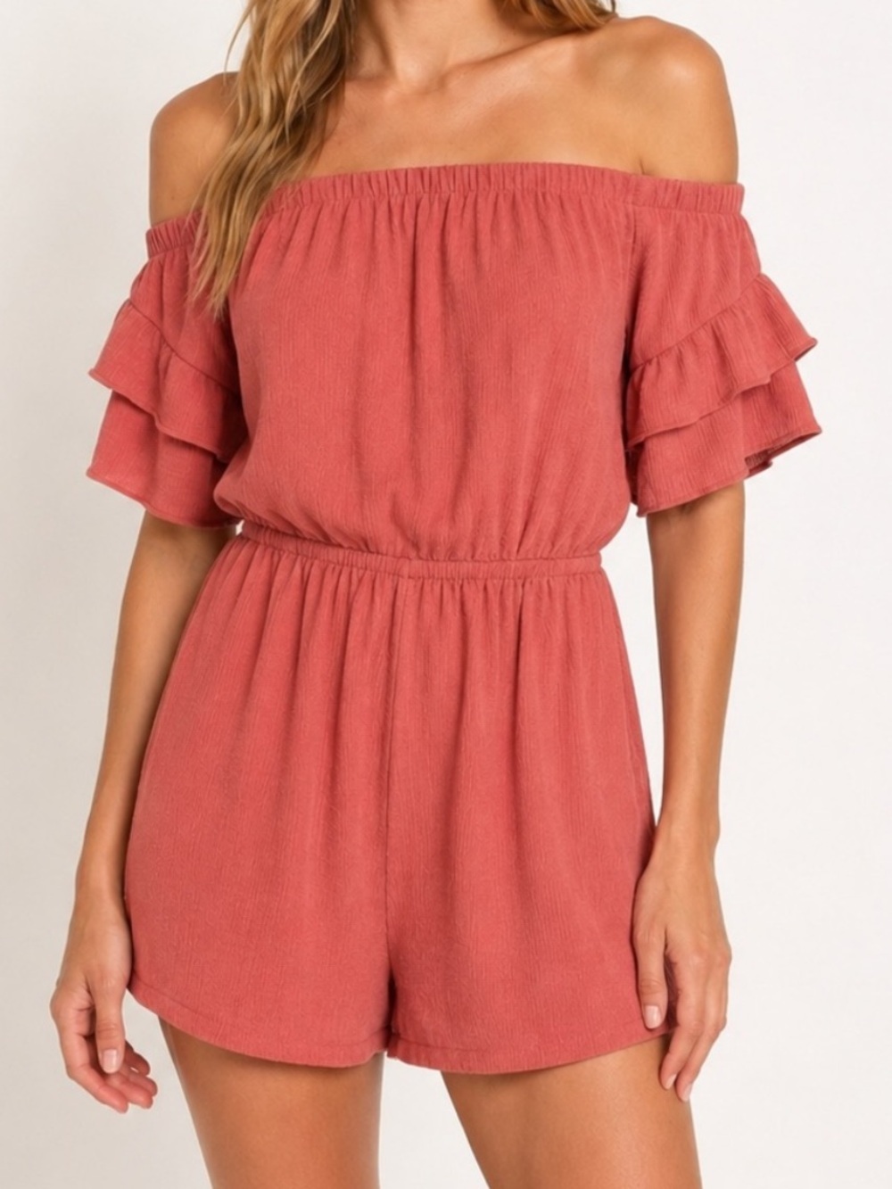 Pink Martini Ruffle Sleeve Romper XS Rust Rose Off Shoulder